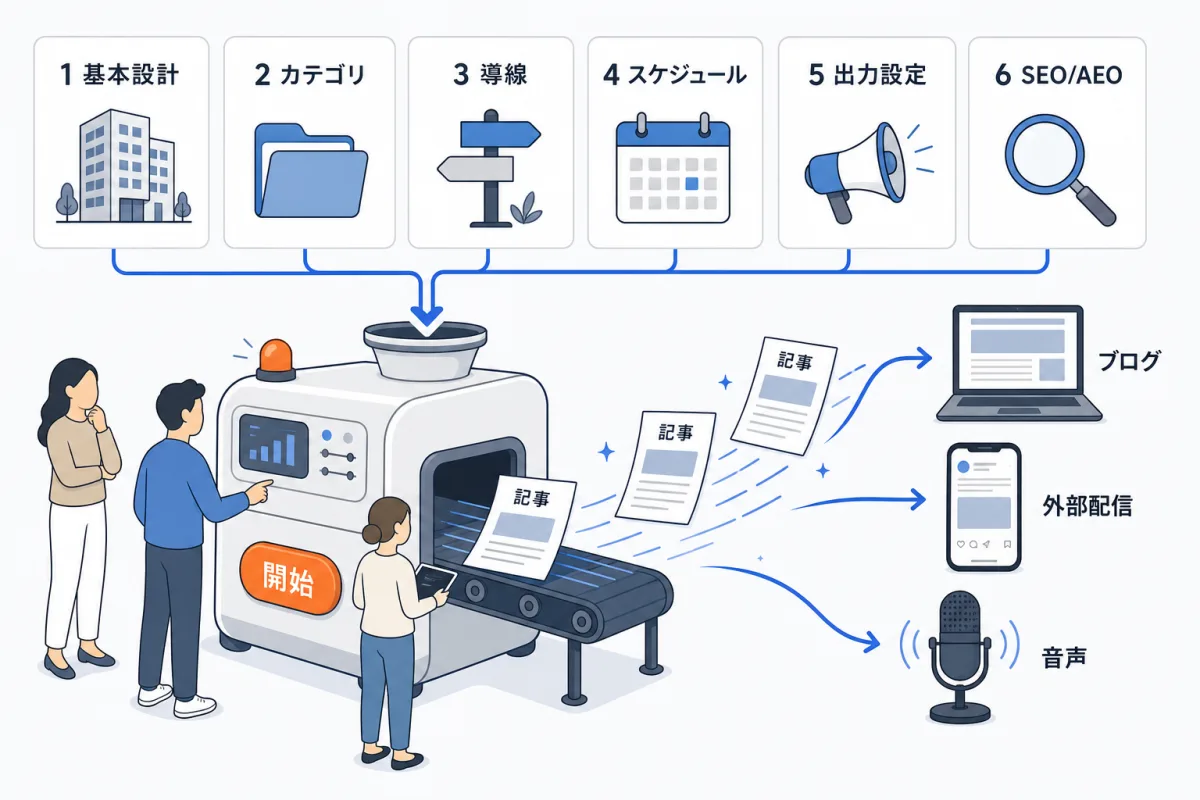 ステップ1から6で設定し、自動運用を開始すると、決めた時刻に記事が生成され、自社ブログ・WordPress・SNS・音声へ出ていく。ステップ7で確認する