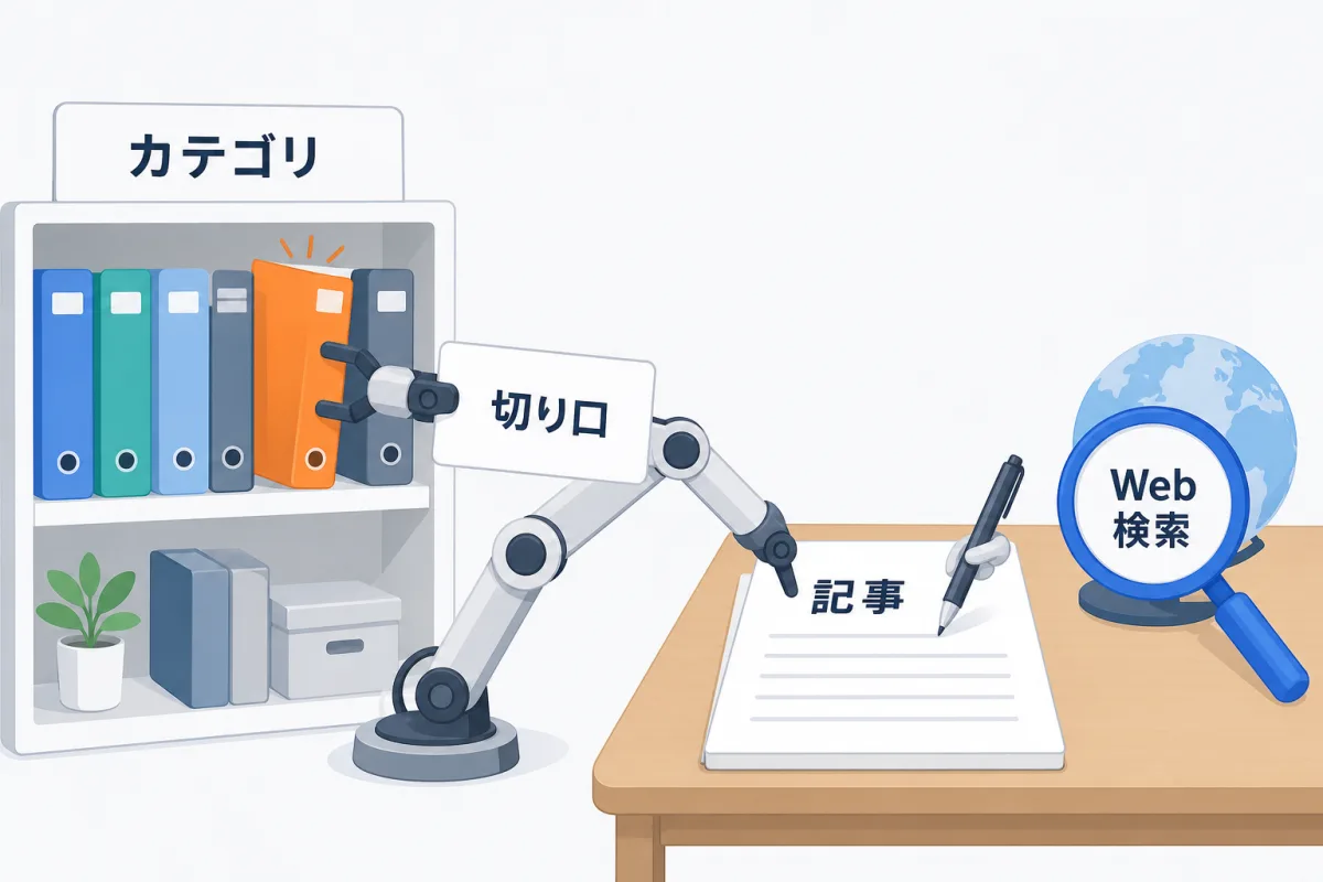 記事を1本作るたびに、カテゴリ群から1つを選び、そのカテゴリの切り口を1つ選び、検索クエリでWeb検索し、素材と合わせて記事を書く