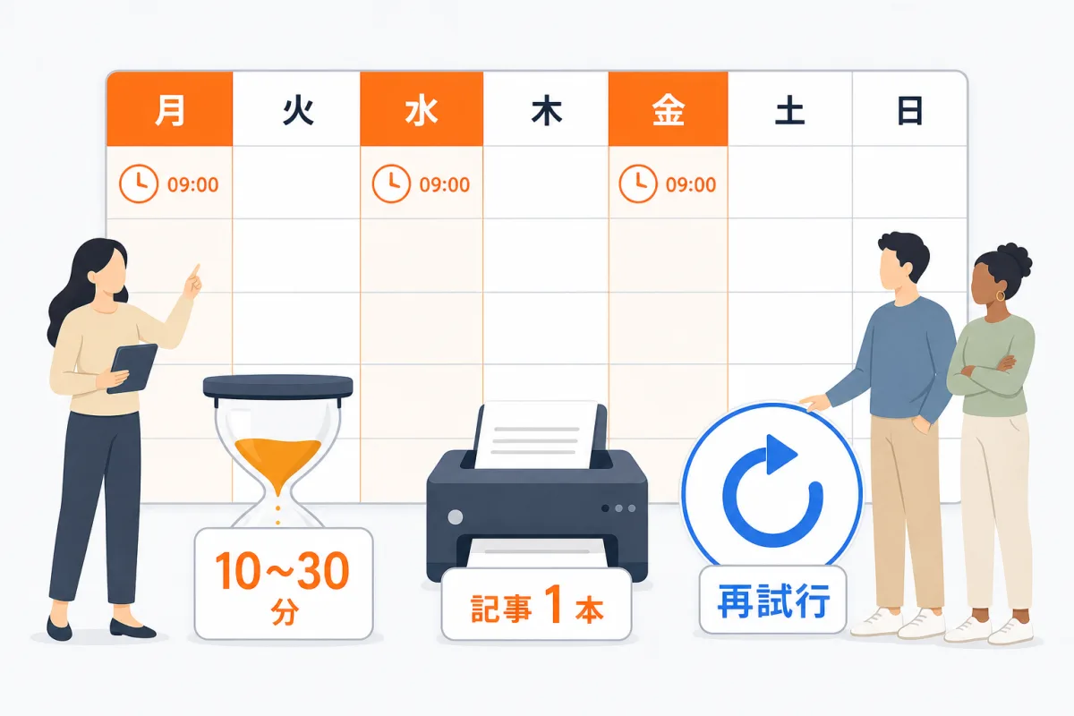 週の曜日ごとに09:00のスロットがあり、月水金に記事が作られる。1つのスロットは時刻から10〜30分で完成し、失敗すると120分の窓の中で30分おきに最大4回まで試し直す
