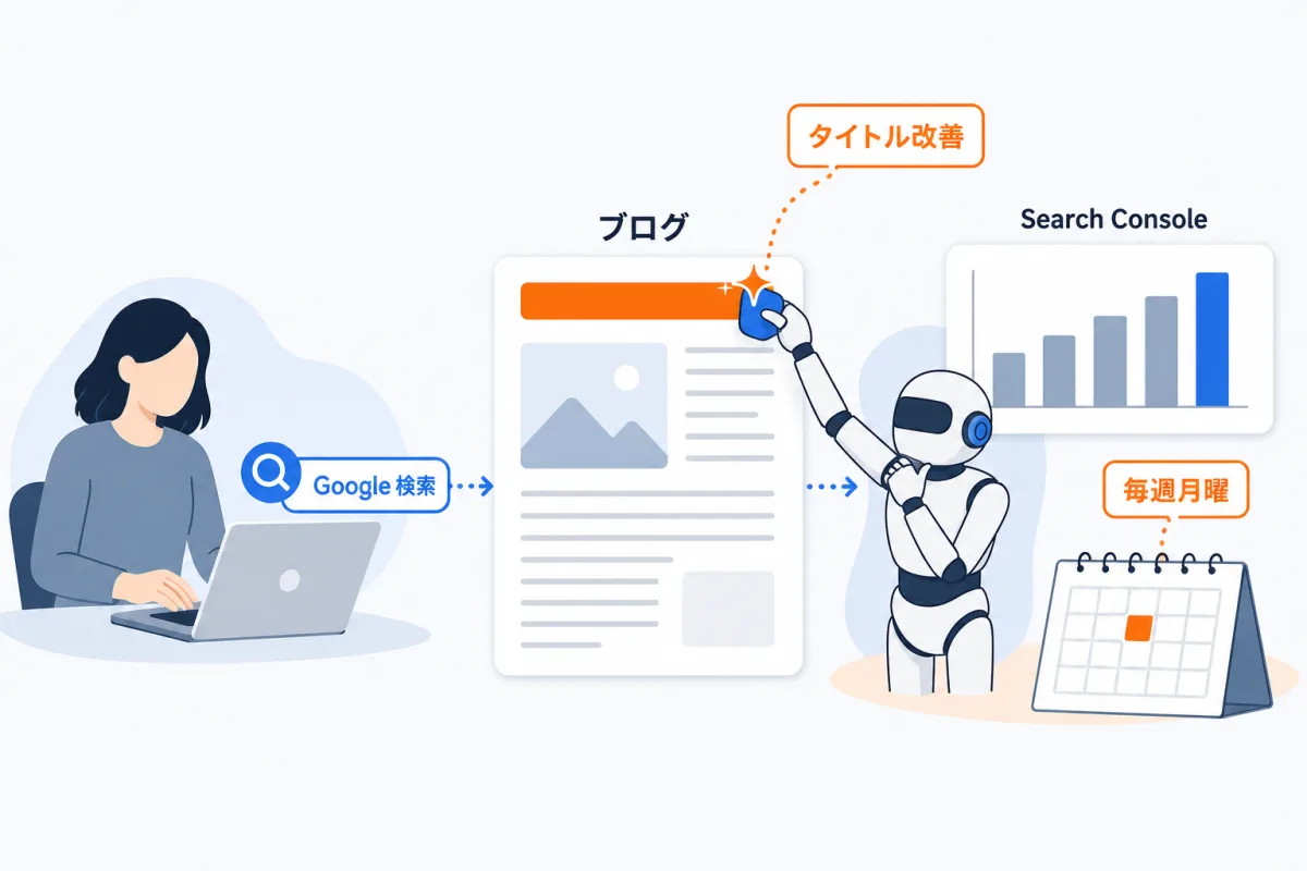 読者がGoogle検索からあなたのブログへ来る。Googleはその実績(表示・クリック・順位)をSearch Consoleに記録し、集客ラクダが毎週月曜に取り込んで、タイトル型の学習・タイトルと説明文の自動改善・キーワードの種の抽出に使う