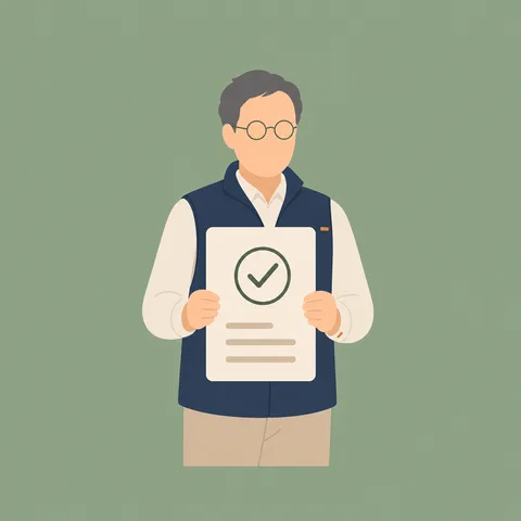 大きなチェック印の押された書類カードを掲げる人のイラスト