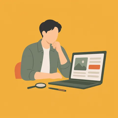 ノートパソコンの画面に記事カードが組み上がっていくのを見る人のイラスト