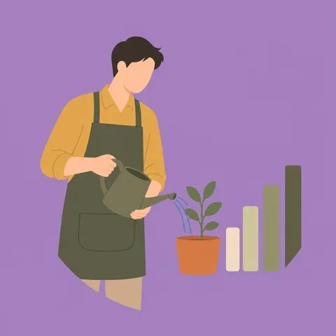 右上がりの棒グラフの横で小さな鉢植えに水をやる人のイラスト