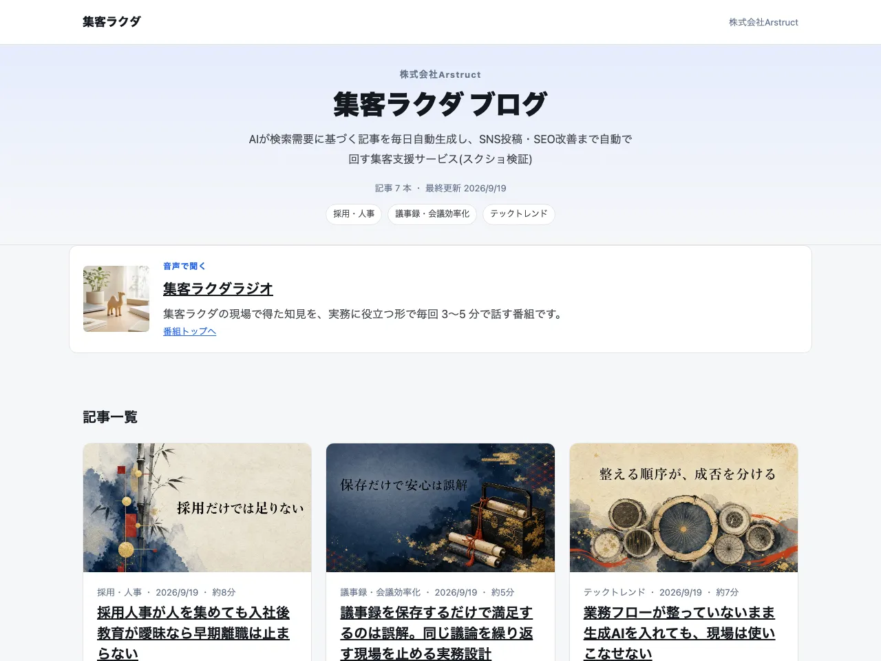 ブログトップのレイアウト「グリッド」の実画面